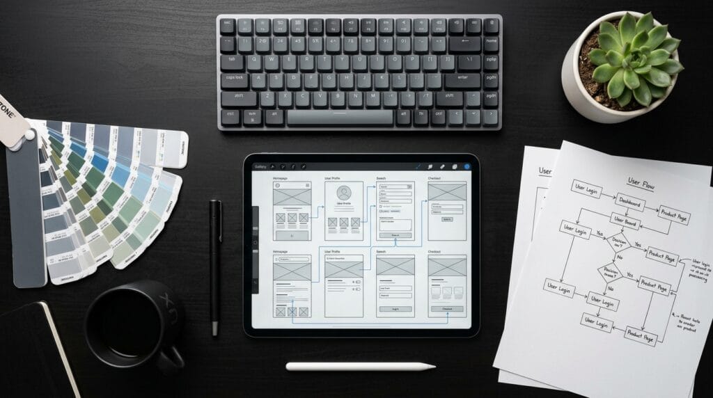 UX designer desk flat-lay with wireframes and color swatches