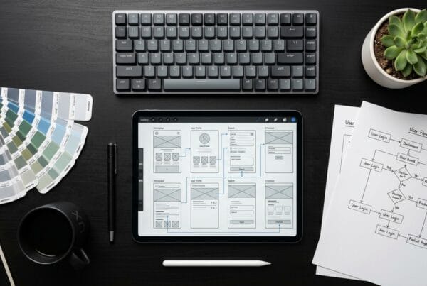 UX designer desk flat-lay with wireframes and color swatches