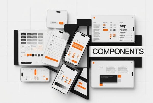 Design system component library hero image showing scalable UI components on a structured product design system grid