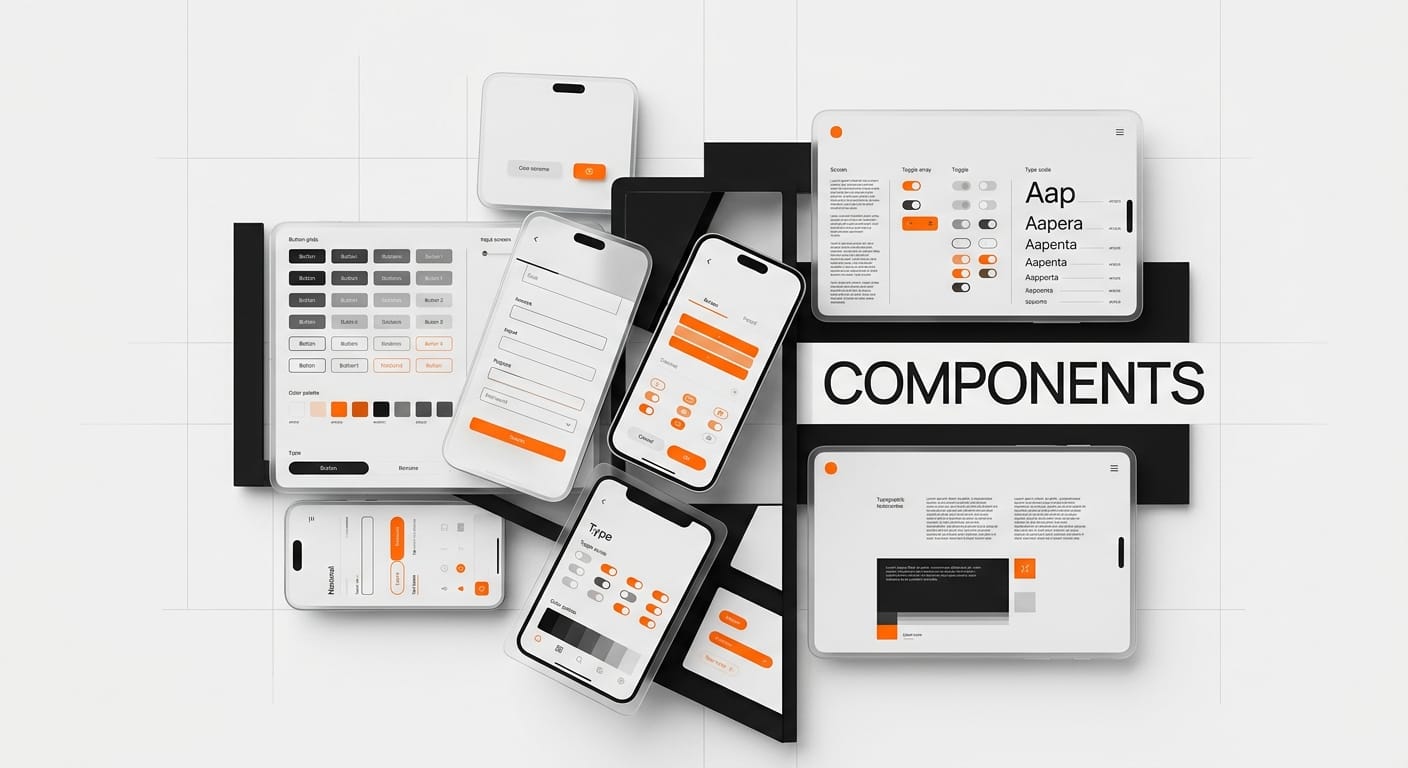Design system component library hero image showing scalable UI components on a structured product design system grid