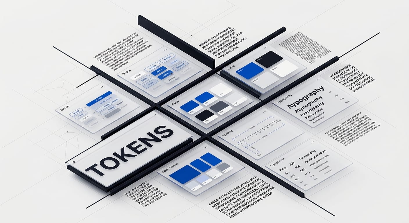Design system component library showing reusable interface components, states, and tokens