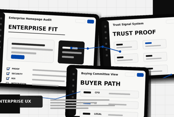 B2B SaaS homepage design dashboard showing enterprise fit, trust proof, and buyer path UI panels
