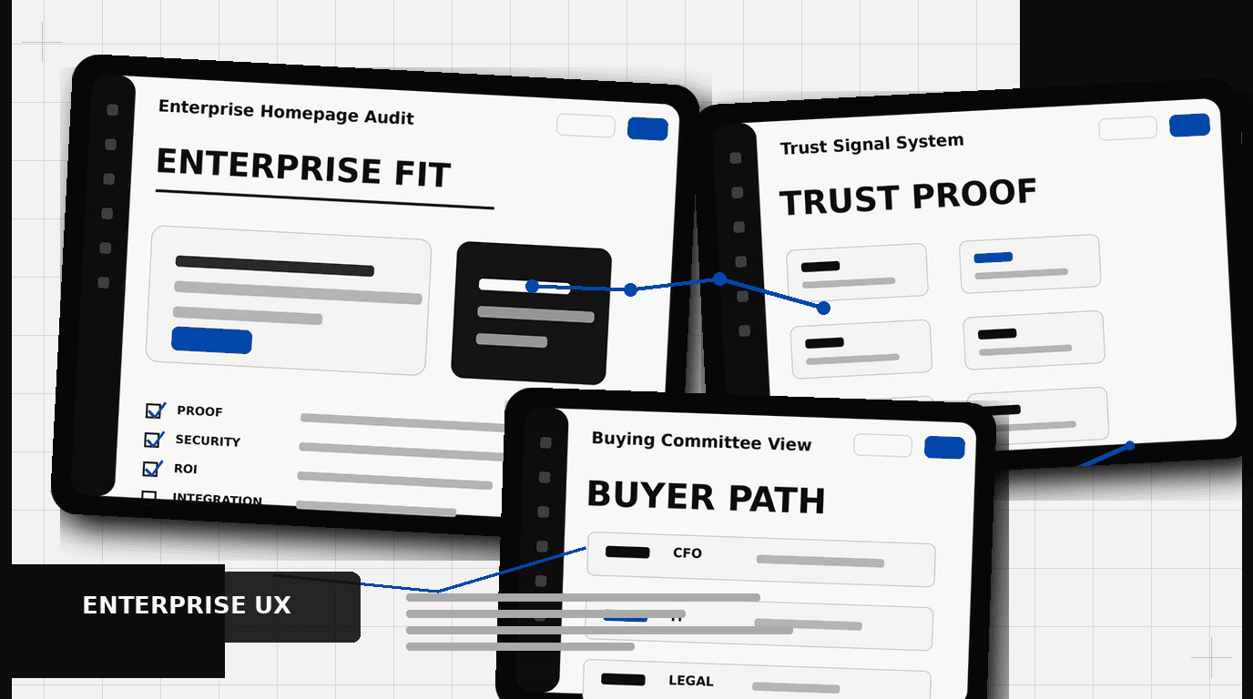 B2B SaaS homepage design dashboard showing enterprise fit, trust proof, and buyer path UI panels