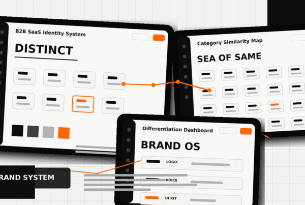 B2B SaaS brand identity system dashboard showing differentiation, category similarity, and UI kit panels