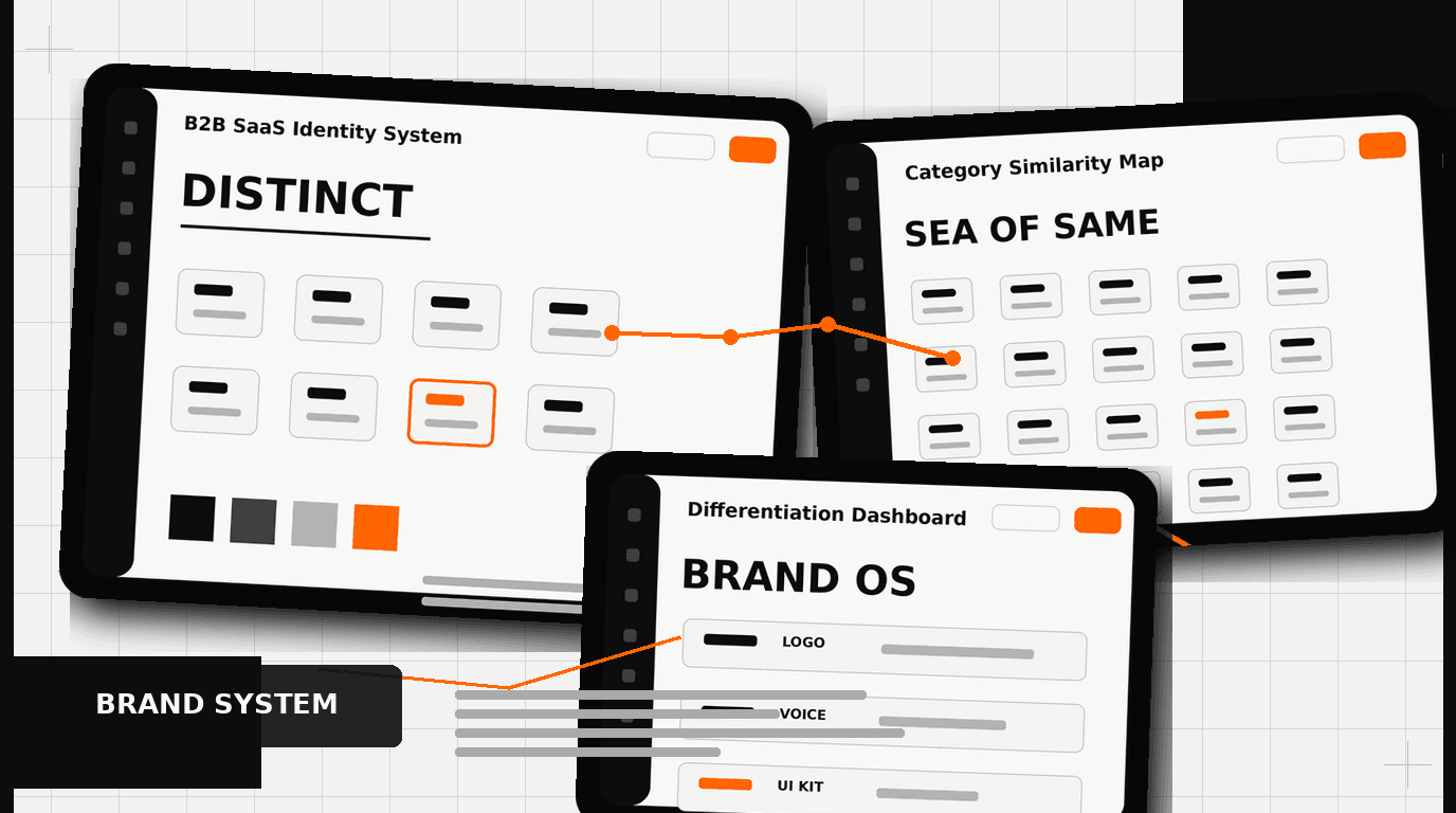 B2B SaaS brand identity system dashboard showing differentiation, category similarity, and UI kit panels