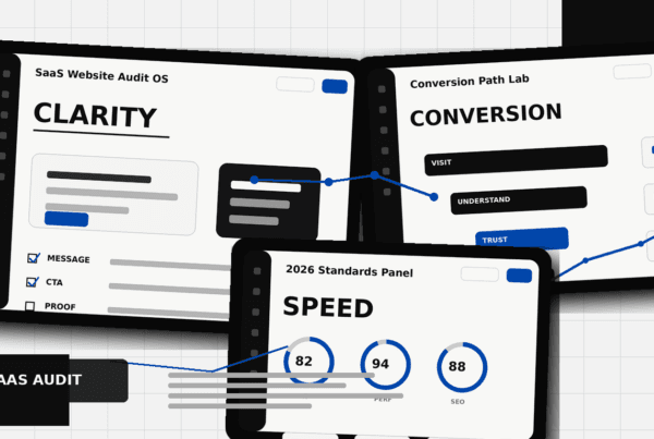 SaaS website design audit dashboard showing clarity, conversion, and speed UI panels