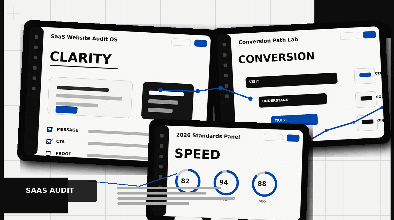 SaaS website design audit dashboard showing clarity, conversion, and speed UI panels