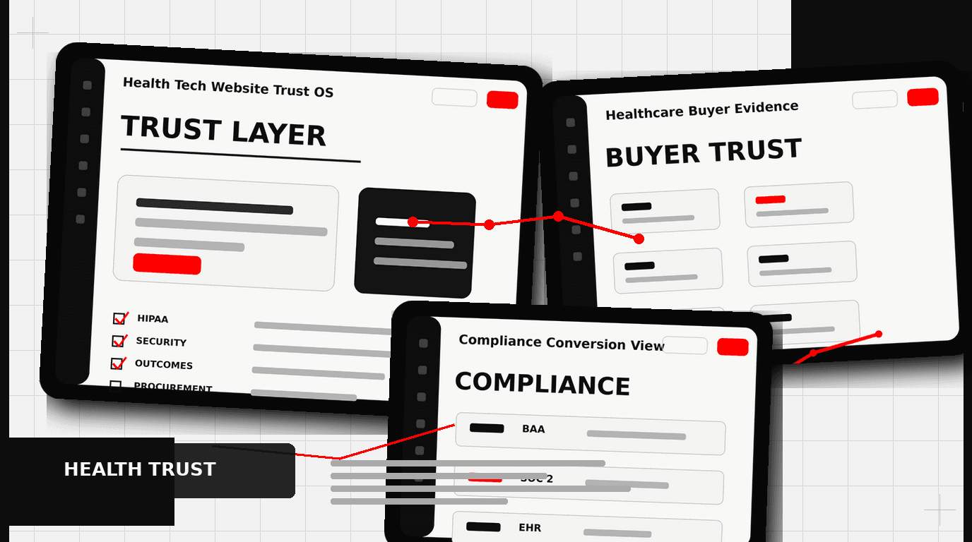 Health tech website design dashboard showing trust layer, healthcare buyer evidence, and compliance conversion UI panels
