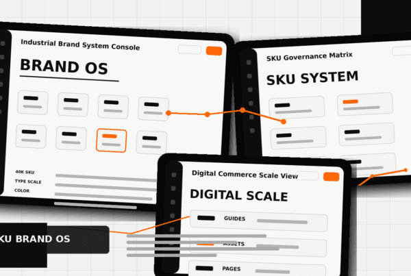 Klein Tools brand design case study dashboard showing brand OS, SKU governance, and digital commerce scale UI panels