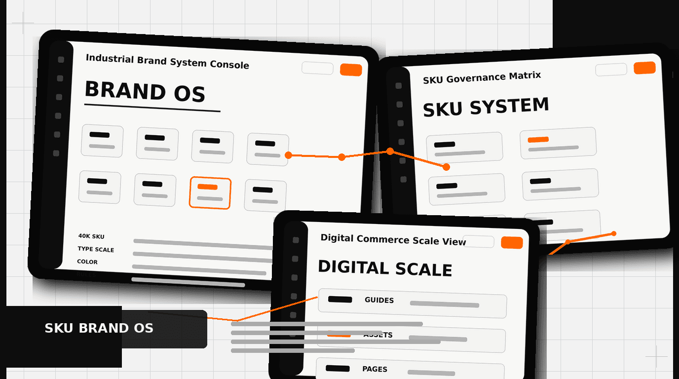 Klein Tools brand design case study dashboard showing brand OS, SKU governance, and digital commerce scale UI panels