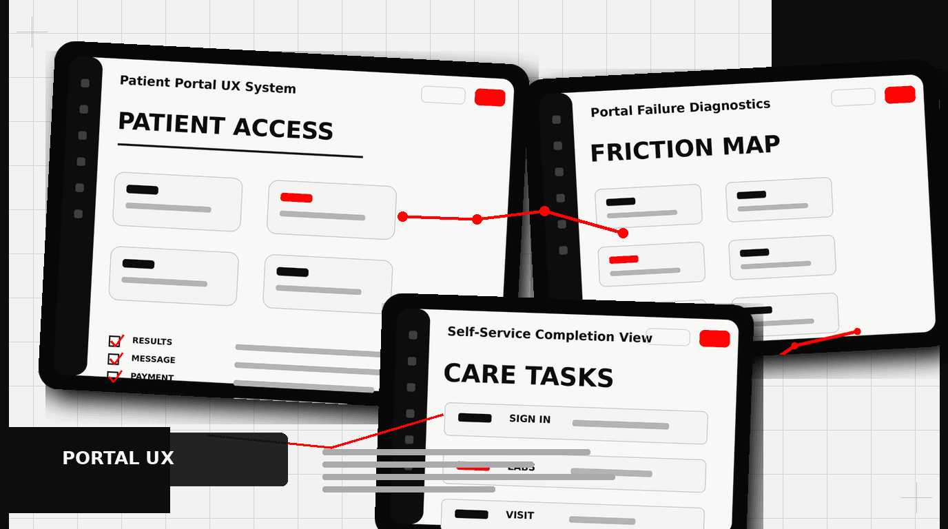 Patient portal design dashboard showing patient access, friction map, and self-service care task UI panels