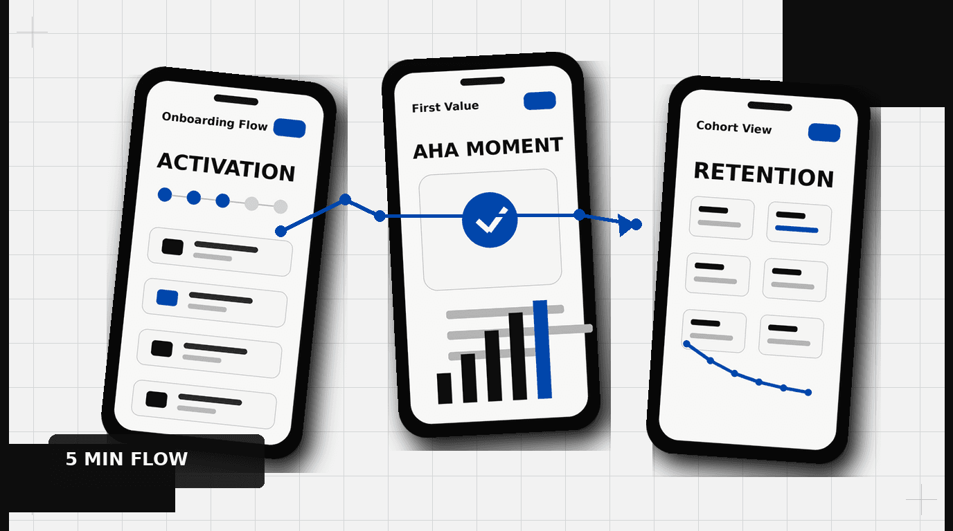SaaS onboarding UX hero showing activation, aha moment, and retention flow UI screens