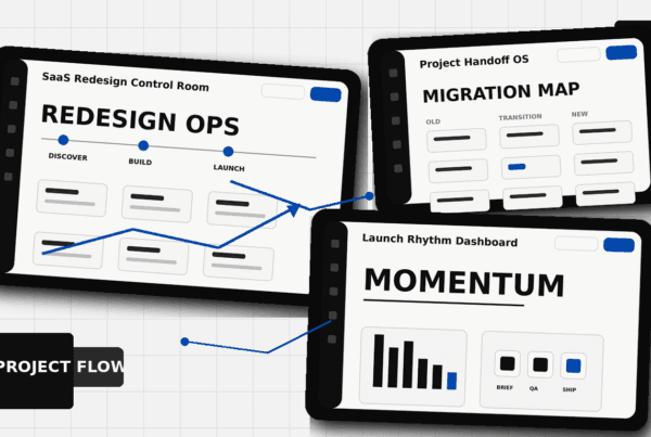 SaaS redesign project management dashboard showing redesign ops, migration map, and momentum UI screens