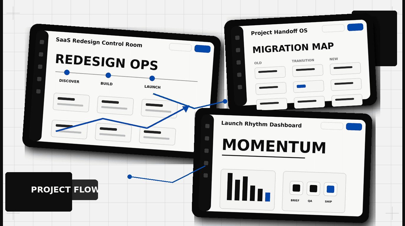 SaaS redesign project management dashboard showing redesign ops, migration map, and momentum UI screens