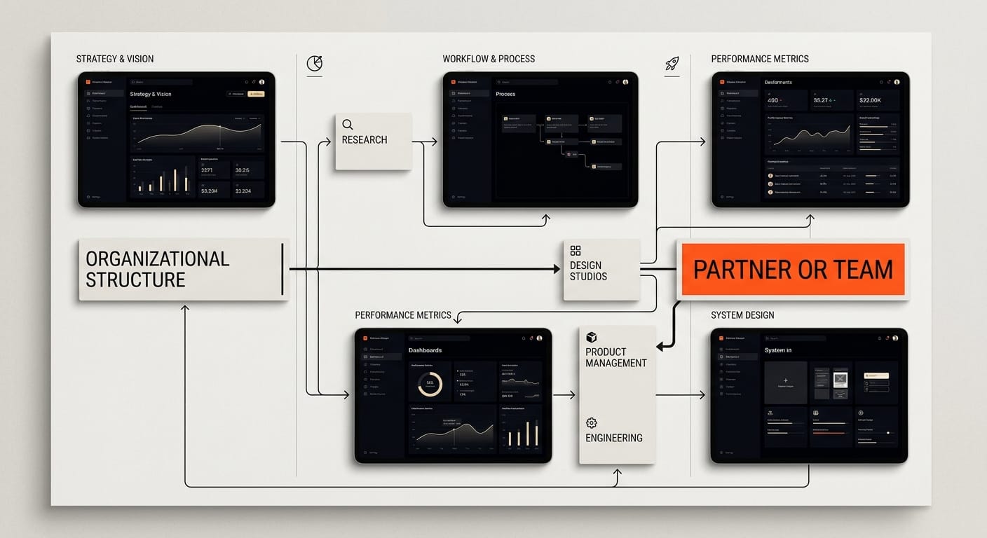 Enterprise design partner vs in house team hero image showing operating model choices for product teams