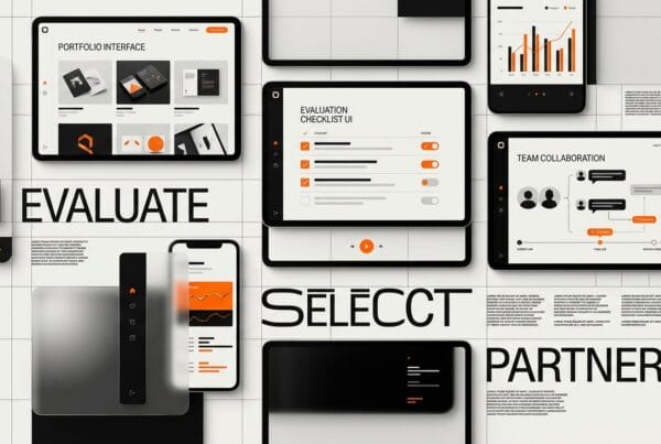 Design agency selection process - floating screens showing evaluation interfaces