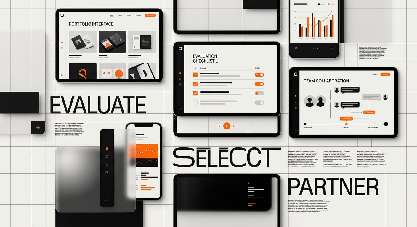 Design agency selection process - floating screens showing evaluation interfaces