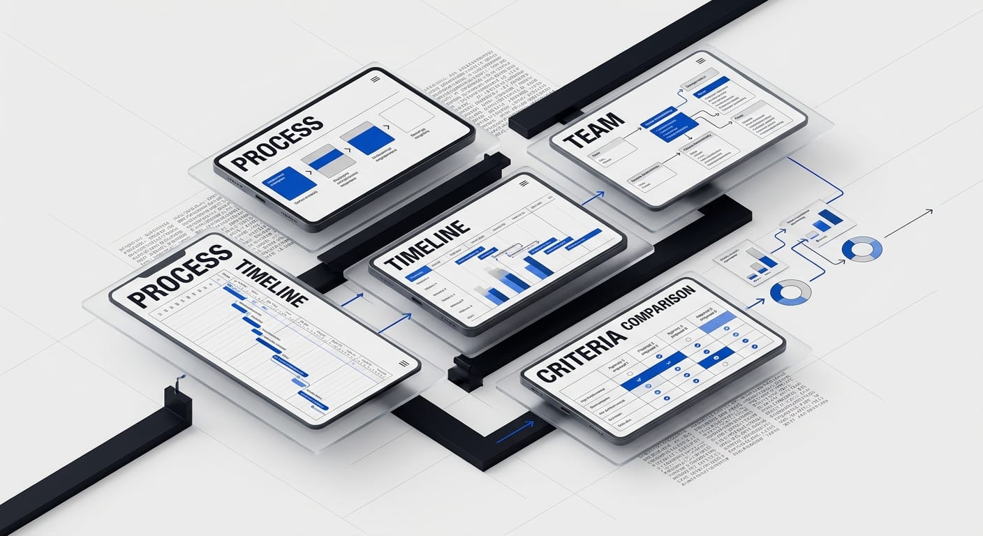 Design agency evaluation workflow with timeline and team structure