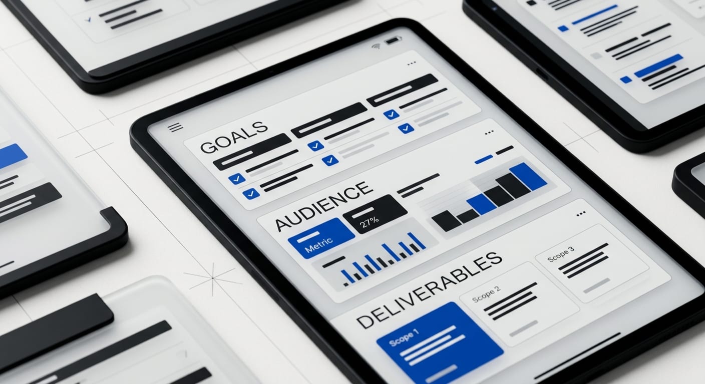 Design brief template for clients sections showing goals audience and deliverables in a minimal UI