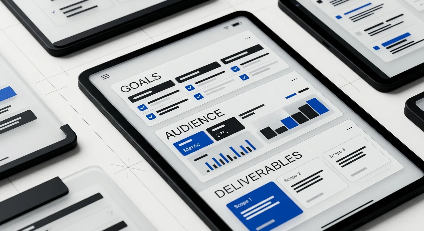 Design brief template for clients sections showing goals audience and deliverables in a minimal UI