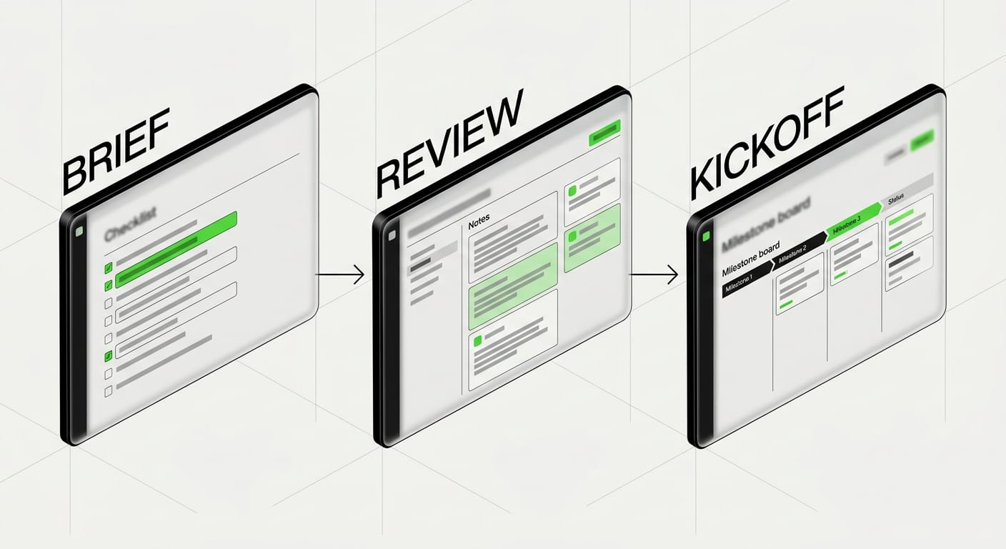 Design brief template for clients handoff workflow from brief to review to kickoff