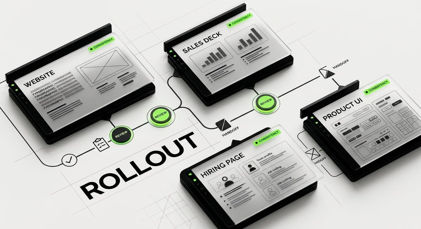 Founder review workflow for startup branding rollout across web, deck, and product