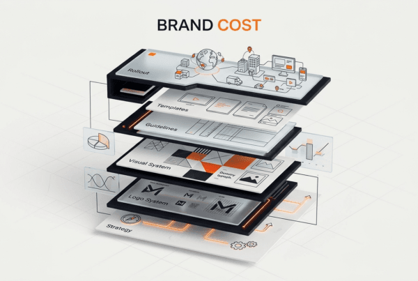 Brand identity cost breakdown showing strategy identity system guidelines templates and rollout budget layers