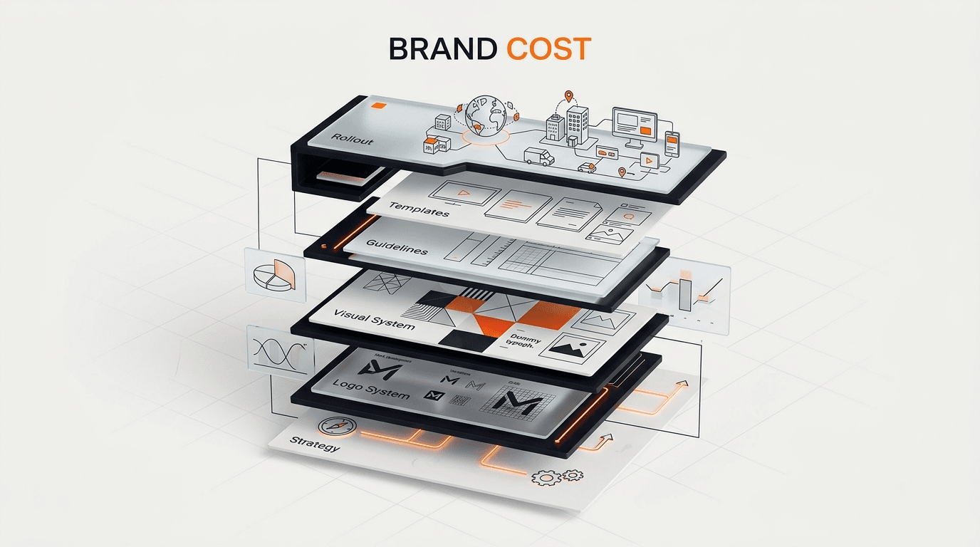 Brand identity cost breakdown showing strategy identity system guidelines templates and rollout budget layers