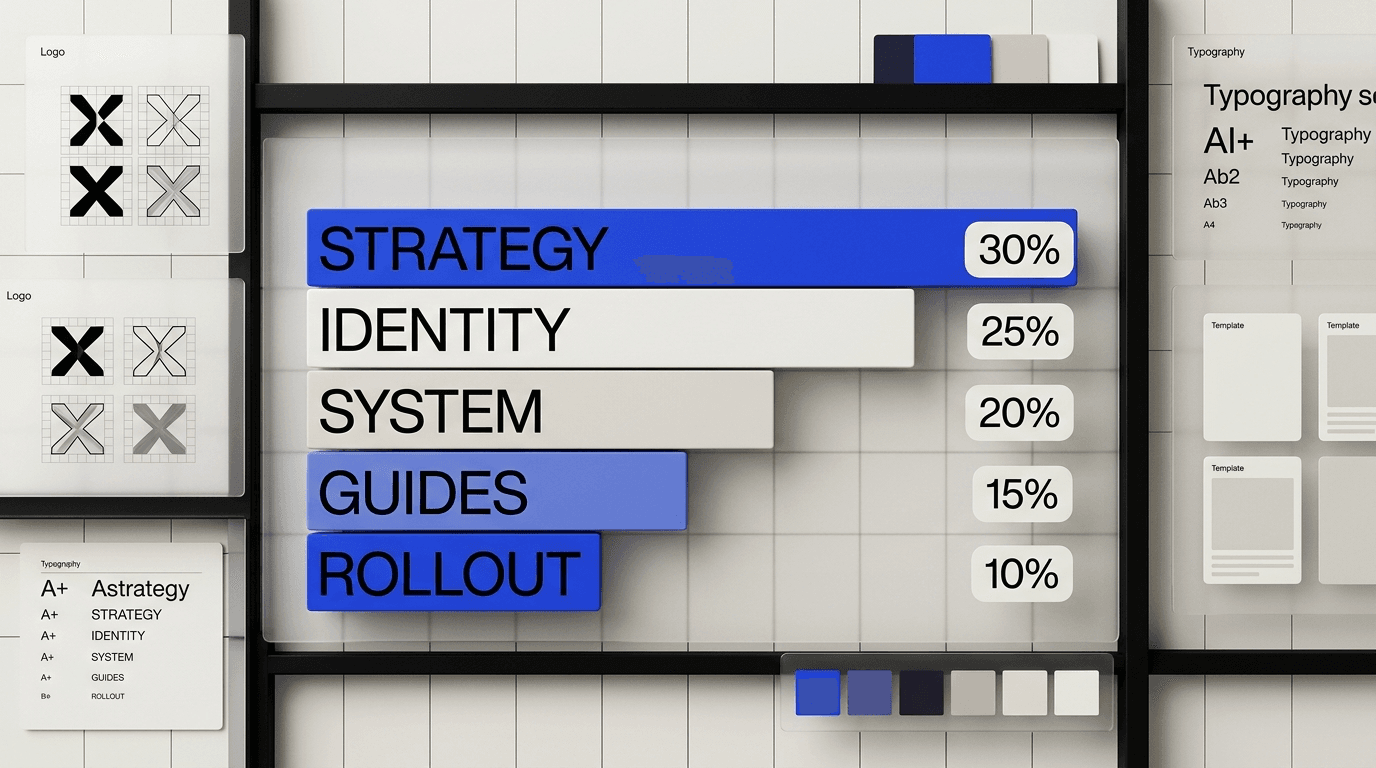 Brand identity cost breakdown chart showing strategy identity system guides and rollout budget allocation