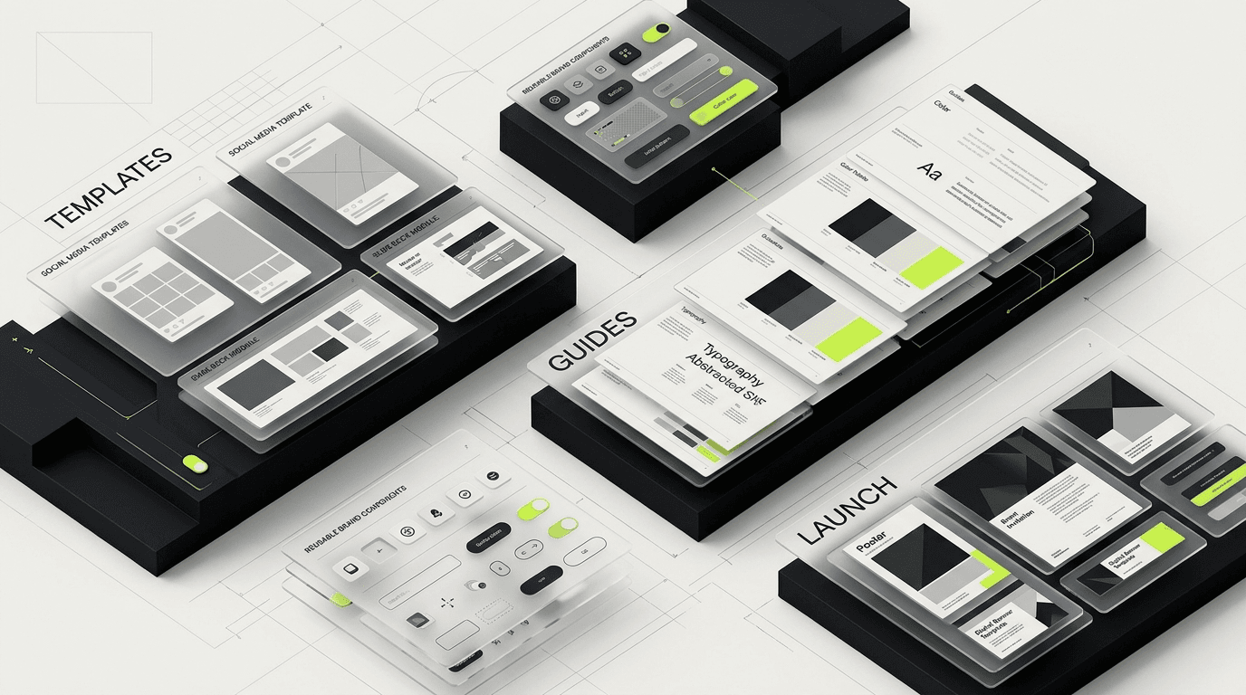 Brand rollout asset system showing templates guidelines launch collateral and reusable brand components
