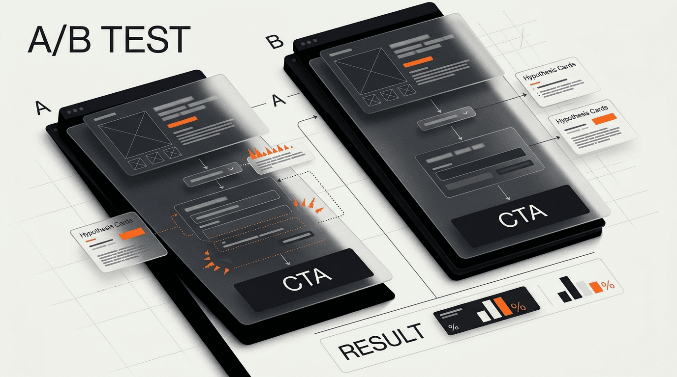 Conversion rate optimization UX testing interface showing A B paths hypotheses CTA outcomes and product page decisions