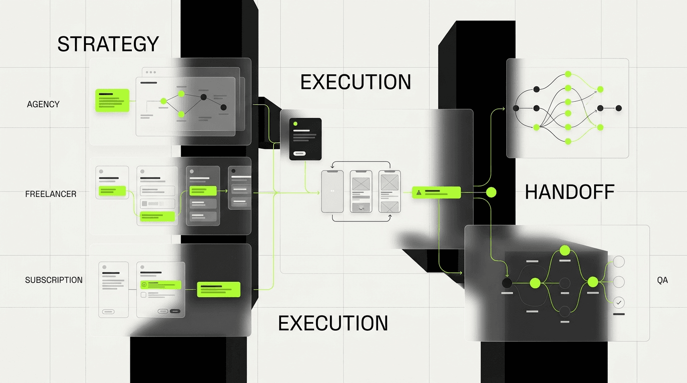 Product design workflow comparing agency freelancer and subscription responsibilities from strategy to QA
