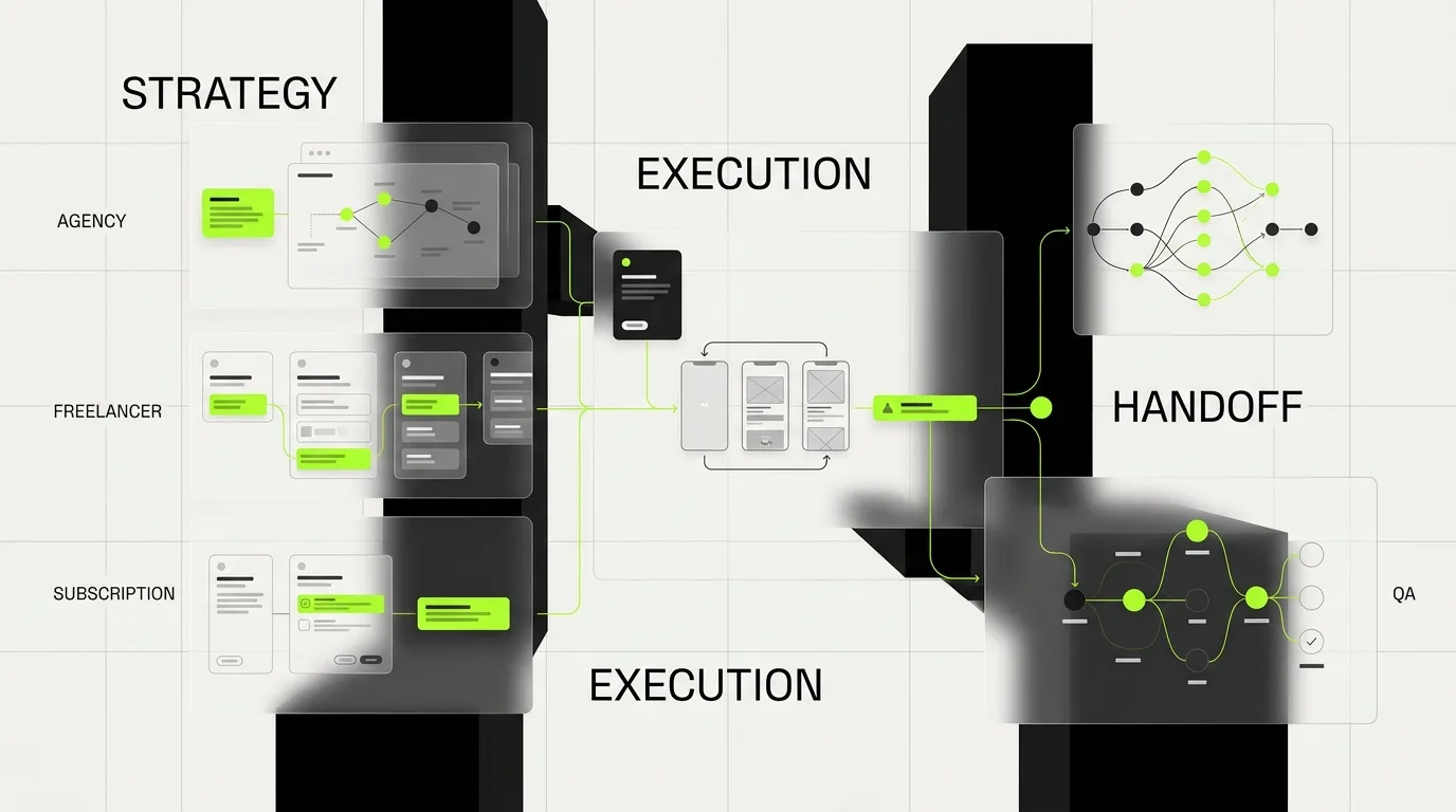 Product design workflow comparing agency freelancer and subscription responsibilities from strategy to QA