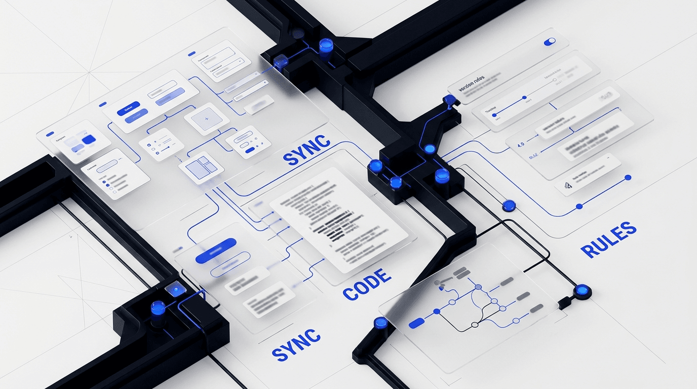 Design system component library structure showing Figma components code parity and governance rules