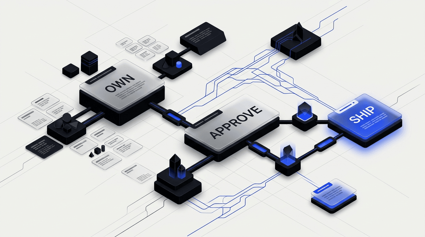Enterprise design system governance decision rights interface for owners approvers contributors and shipping checkpoints