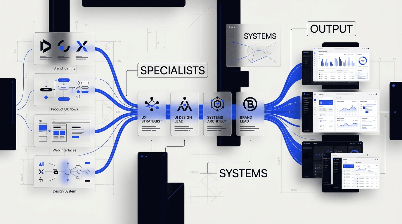 Specialist design team output interface showing roles deliverables and product screens