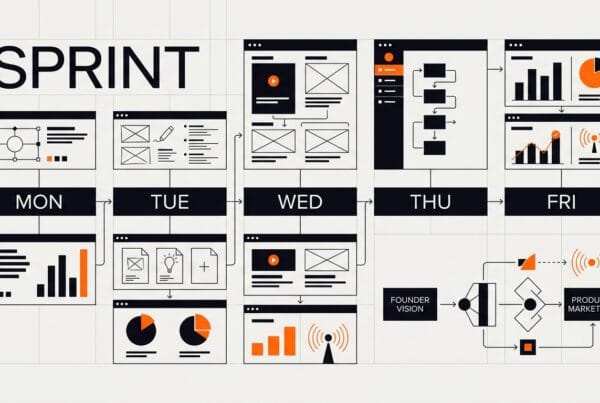 Product design sprint process hero image showing an abstract sprint roadmap and testing signals