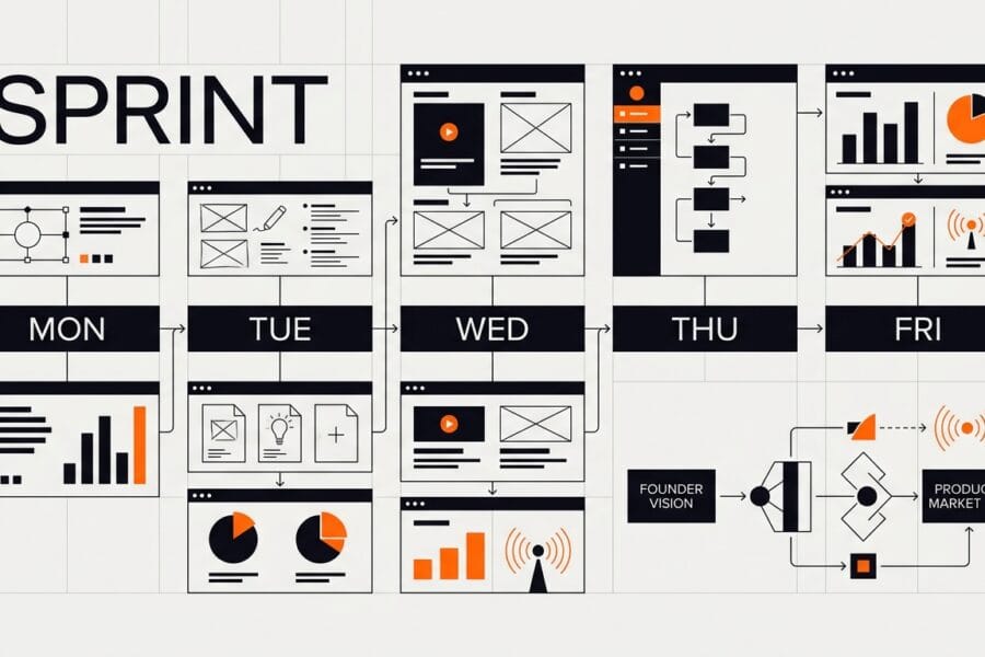 Product design sprint process hero image showing an abstract sprint roadmap and testing signals