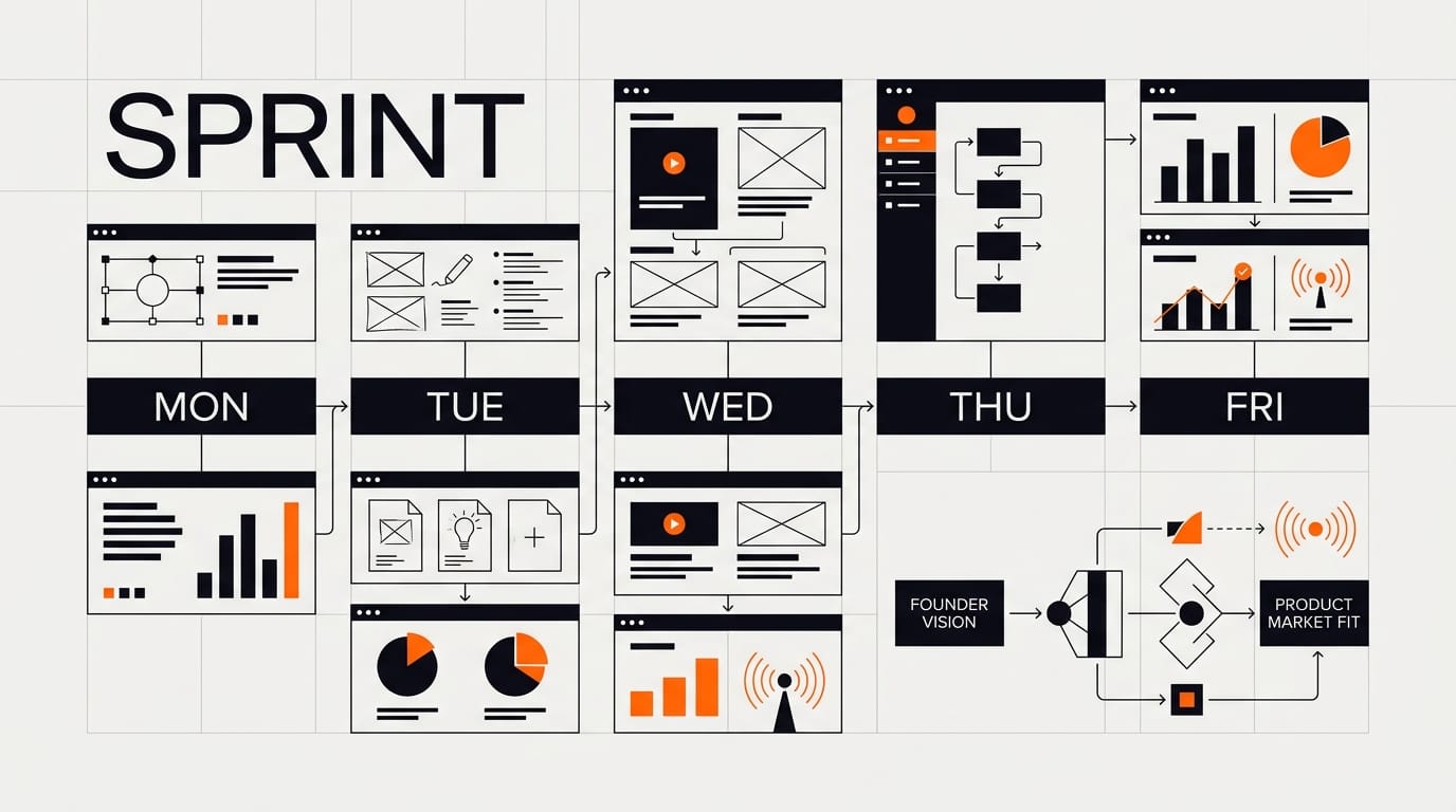 Product design sprint process hero image showing an abstract sprint roadmap and testing signals