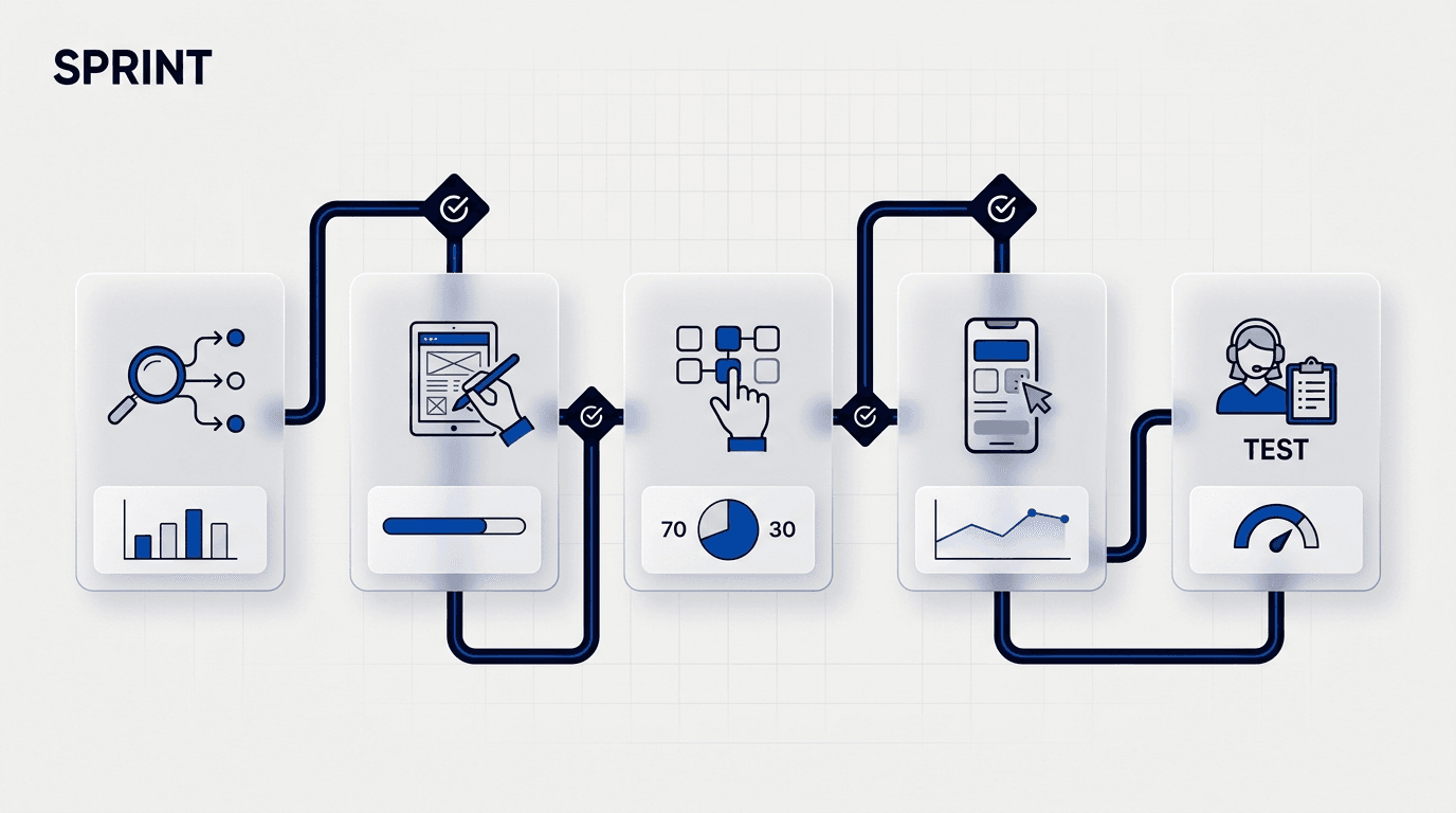 Product design sprint process journey showing five stages decision gates and user testing signals