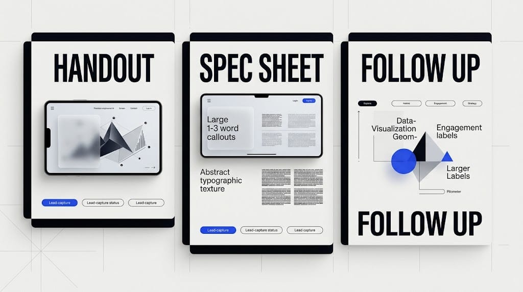 Trade show material hierarchy showing handout spec sheet and follow-up assets