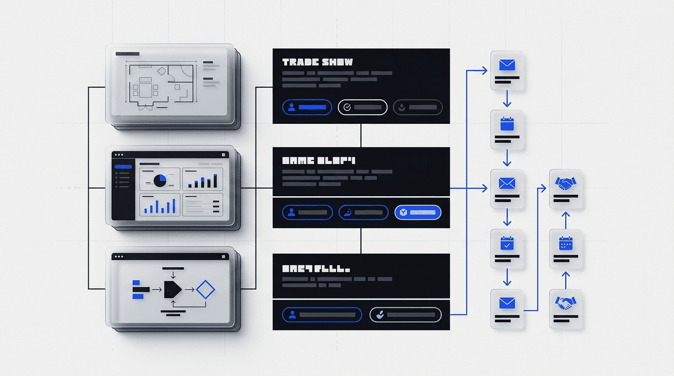Trade show workflow cards for demo sightline and follow-up planning