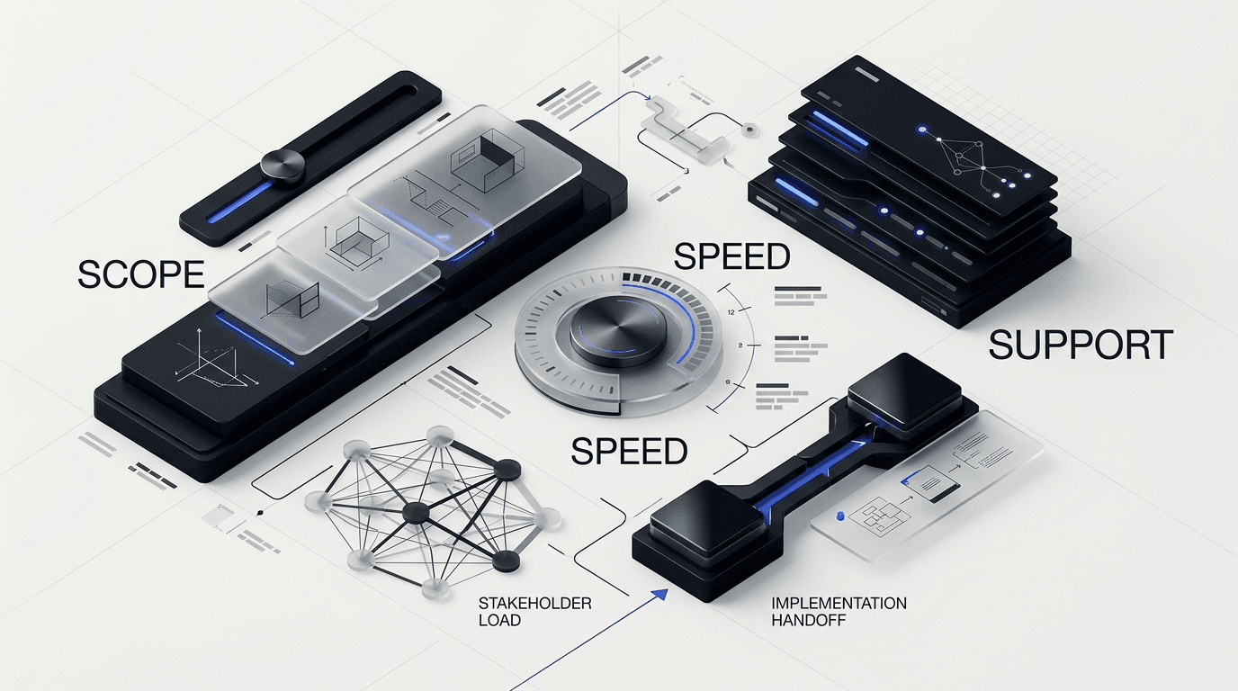 UI UX design agency pricing framework showing scope speed support cadence and implementation handoff