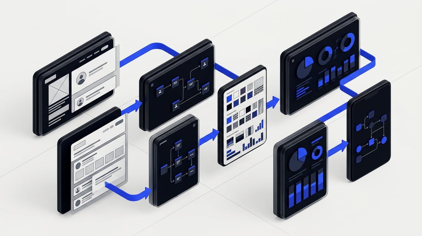 Branding and UI UX agency workflow connecting strategy identity product flows and design system