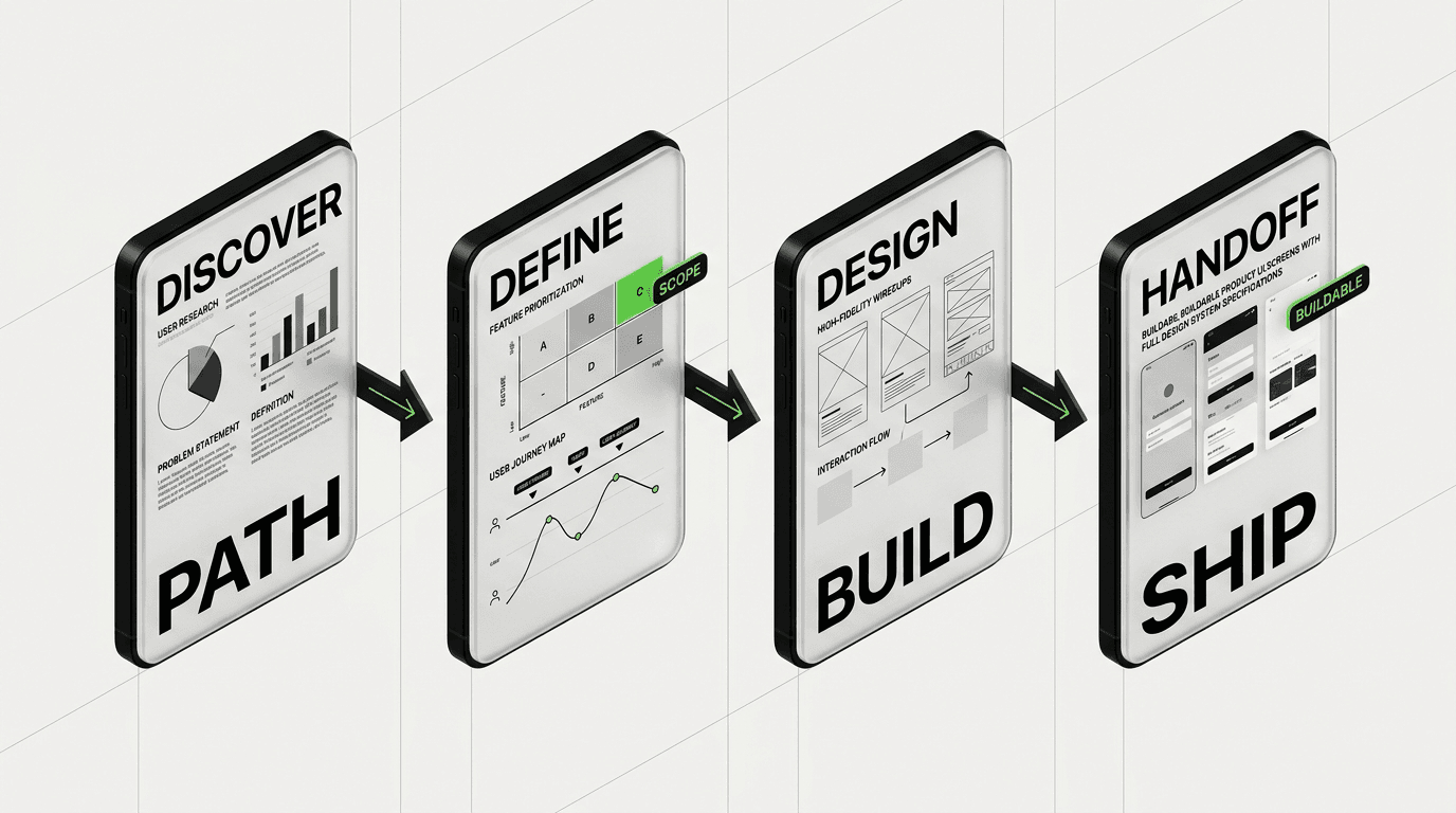 Workflow screens showing discovery to buildable first-product UX handoff