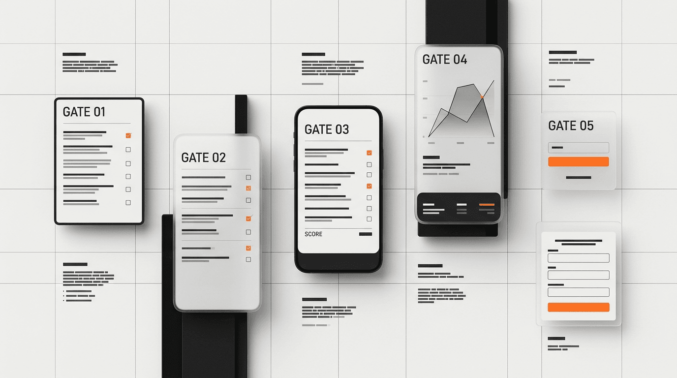 Five-gate landing page conversion scorecard with CTA and short-form modules