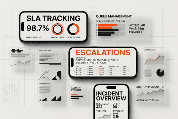 SaaS support dashboard showing queue health, SLA tracking, escalations, and incident status