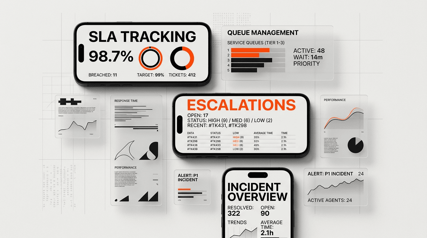 SaaS support dashboard showing queue health, SLA tracking, escalations, and incident status
