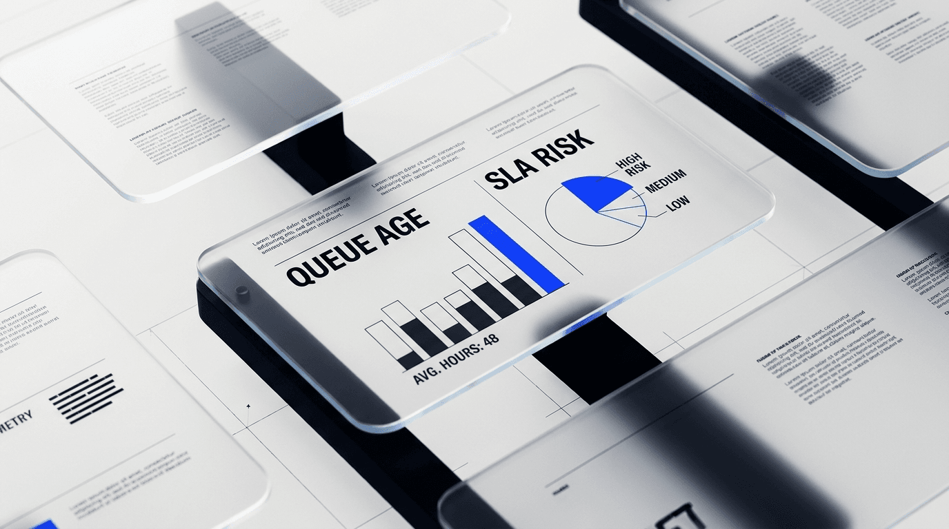 Support dashboard visualization comparing queue age with SLA risk levels