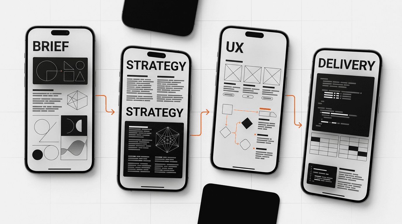 Senior product designer agency workflow from brief through strategy, UX, and delivery